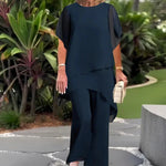 Conjunto de Dos Piezas para Mujer: Top Asimétrico con Encanto y Pantalón de Pierna Ancha