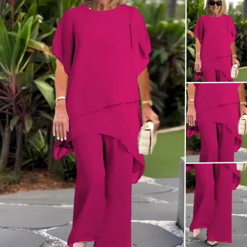 Conjunto de Dos Piezas para Mujer: Top Asimétrico con Encanto y Pantalón de Pierna Ancha