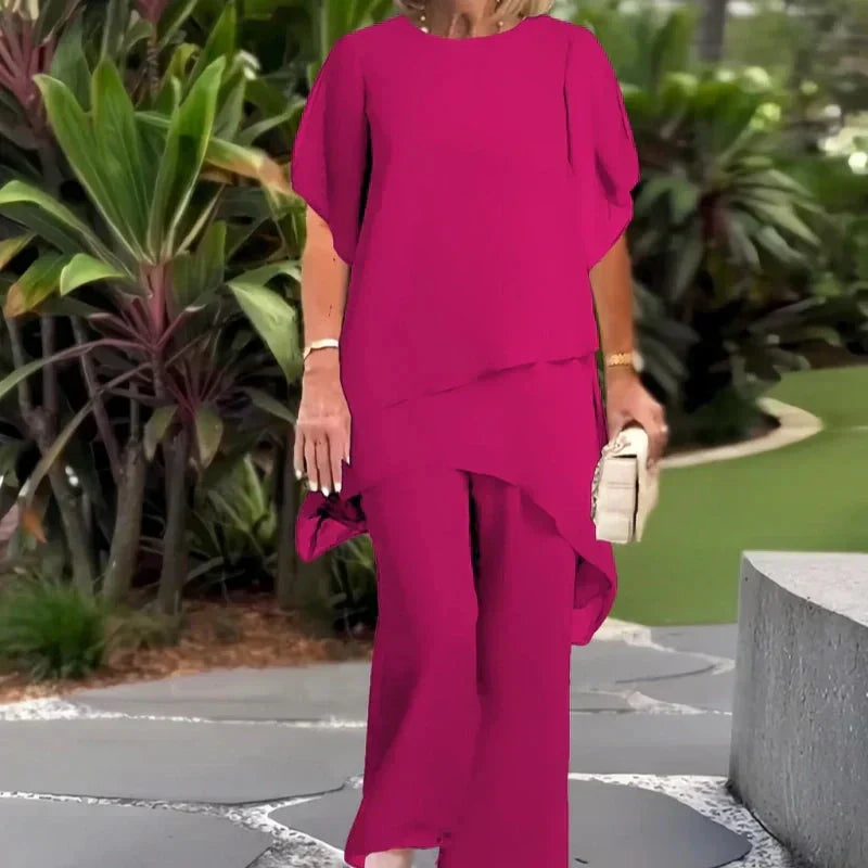 Conjunto de Dos Piezas para Mujer: Top Asimétrico con Encanto y Pantalón de Pierna Ancha