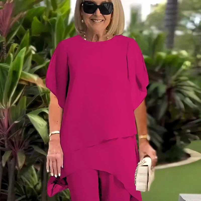 Conjunto de Dos Piezas para Mujer: Top Asimétrico con Encanto y Pantalón de Pierna Ancha