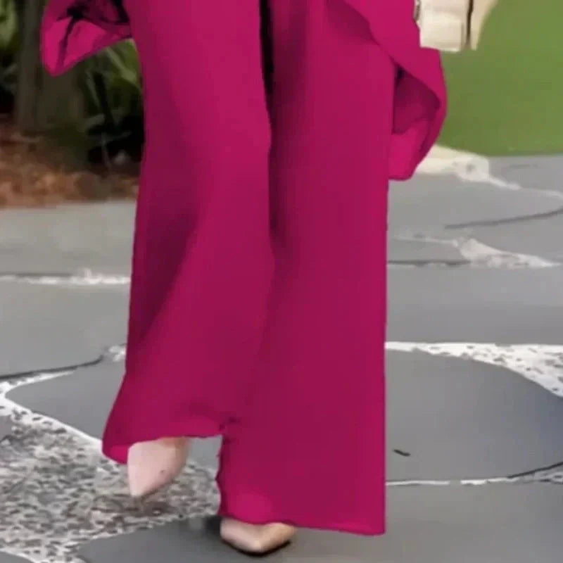 Conjunto de Dos Piezas para Mujer: Top Asimétrico con Encanto y Pantalón de Pierna Ancha