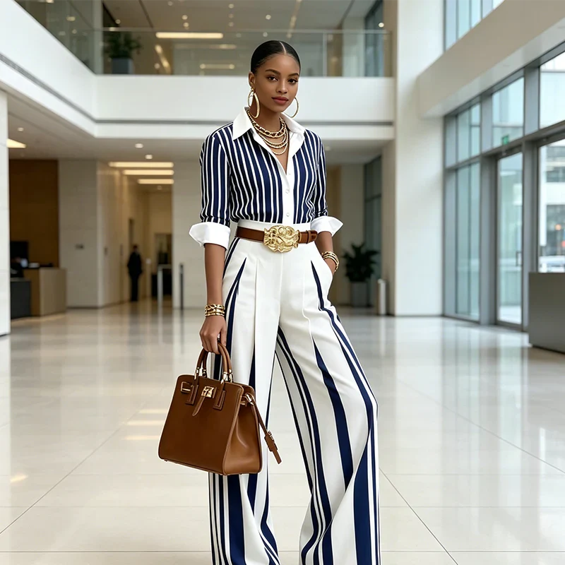 Sol - Conjunto de Camisa de Rayas y Pantalón Ancho para Mujer