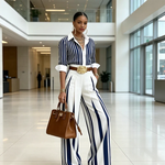 Sol - Conjunto de Camisa de Rayas y Pantalón Ancho para Mujer