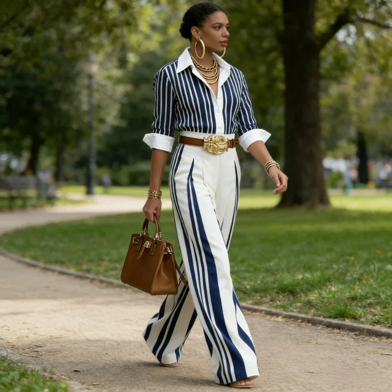 Sol - Conjunto de Camisa de Rayas y Pantalón Ancho para Mujer