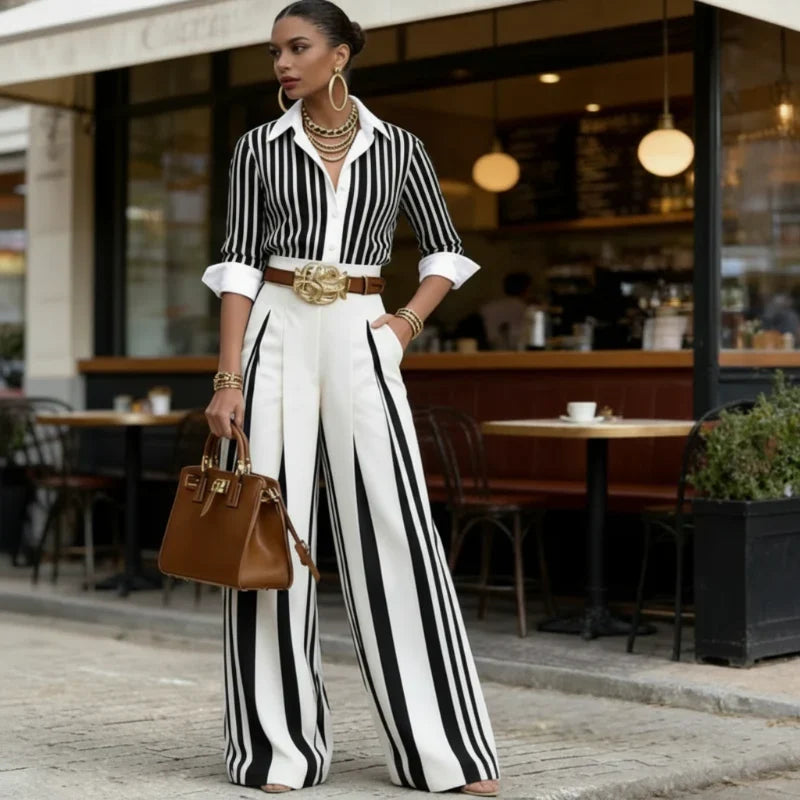 Sol - Conjunto de Camisa de Rayas y Pantalón Ancho para Mujer